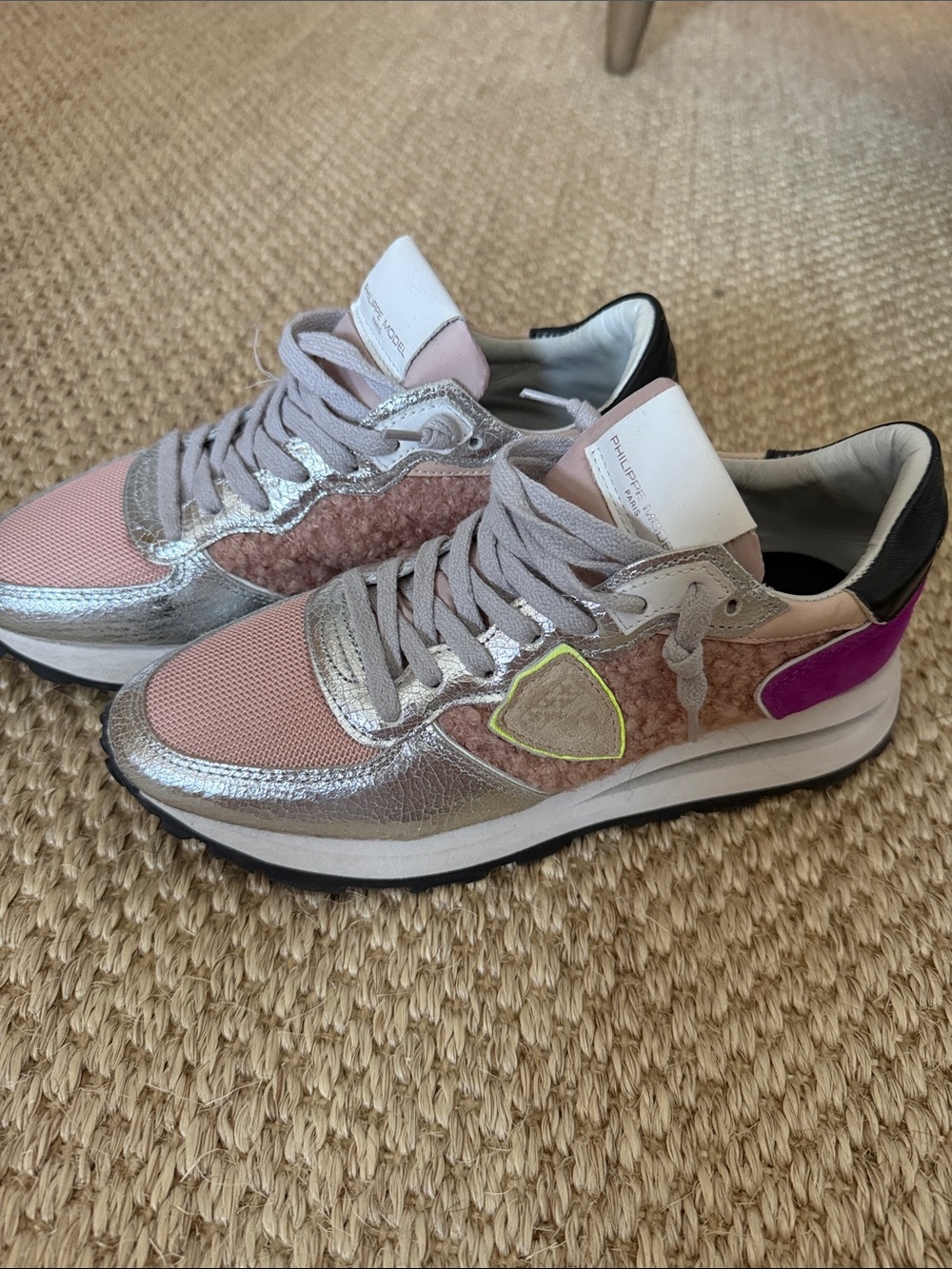 Philippe Model Pink Metallic Mixed-Media Sneaker